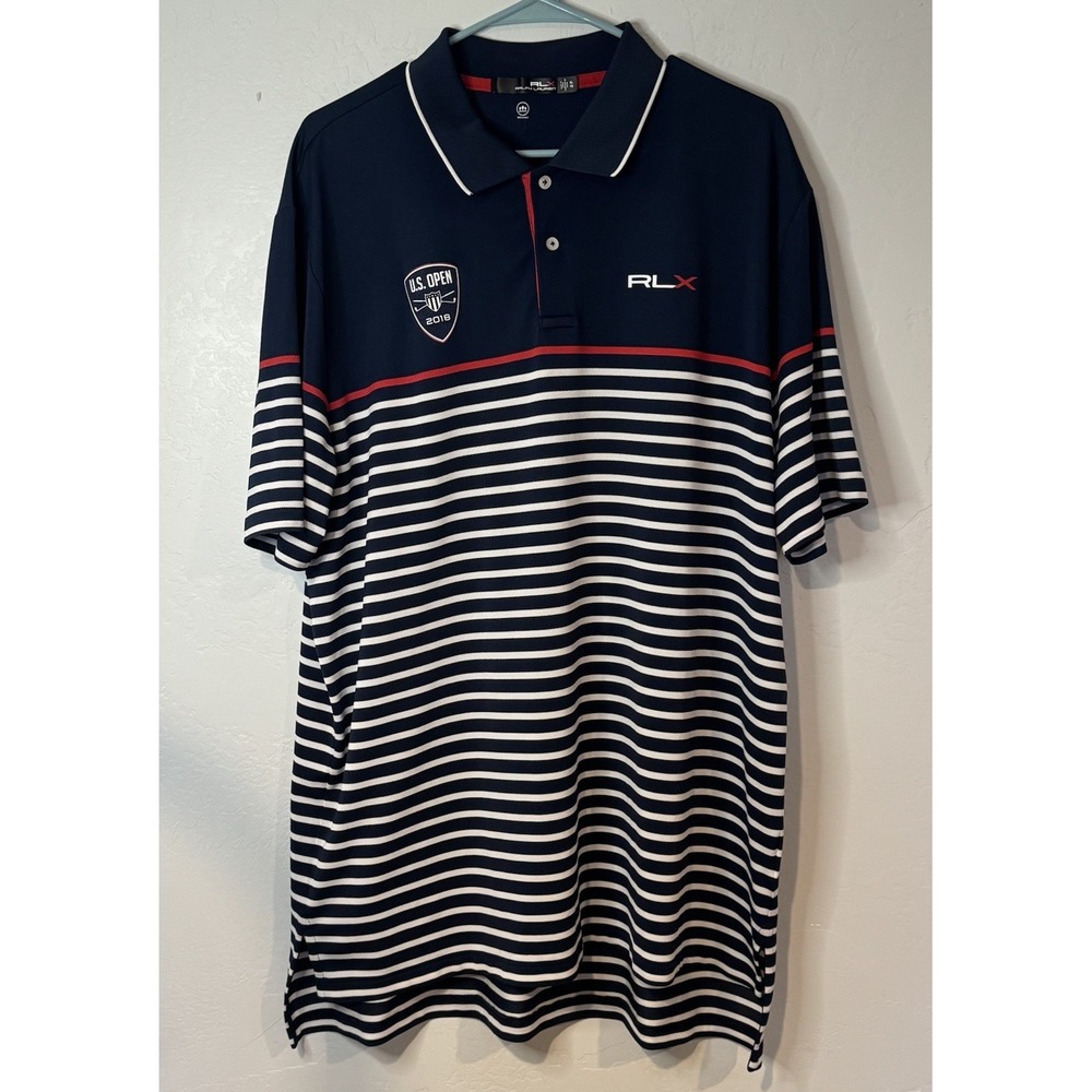 RLX Ralph Lauren Polo Fit Shirt Men's XL U.S Open 2018 French Navy Golf Stripes
